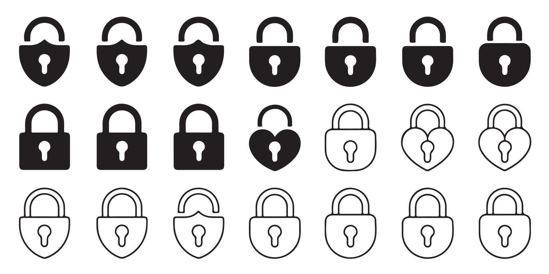Collection of various style padlock icons security and protection symbols silhouettes and outlines vector