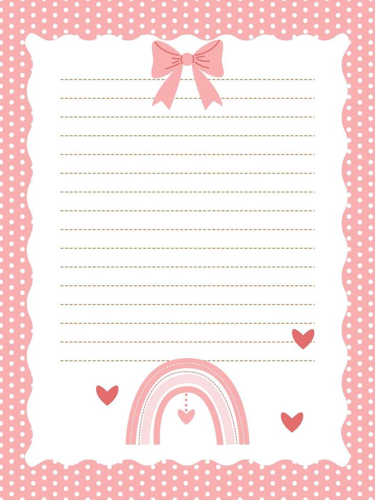 Cute page template for notebook or diary in pink color with rainbow and bow vector