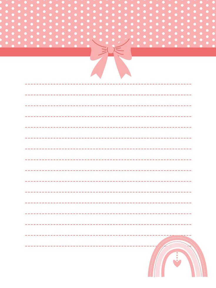 Note or diary page in pink with a bow and delicate rainbow vector