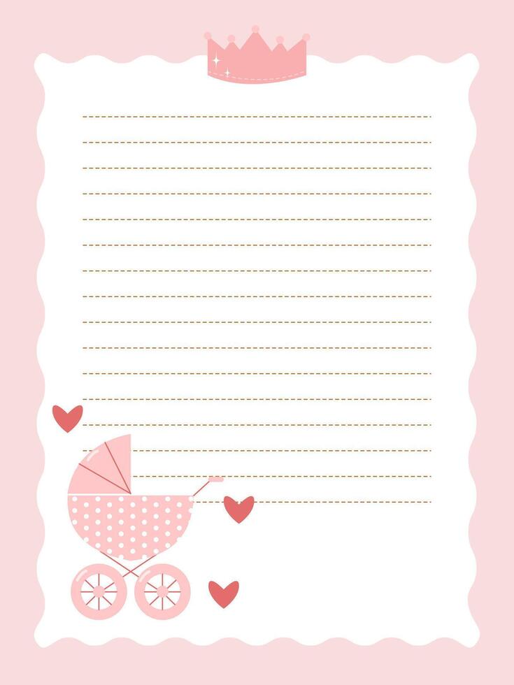 Cute page template for notebook or diary in pink color with baby carriage and crown vector