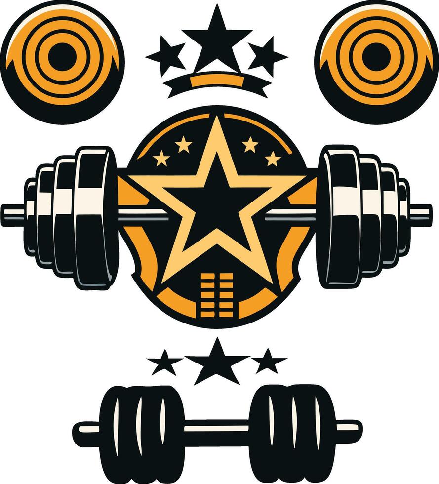 illustration of a gym themed design featuring a dumbbell star and badge elements vector