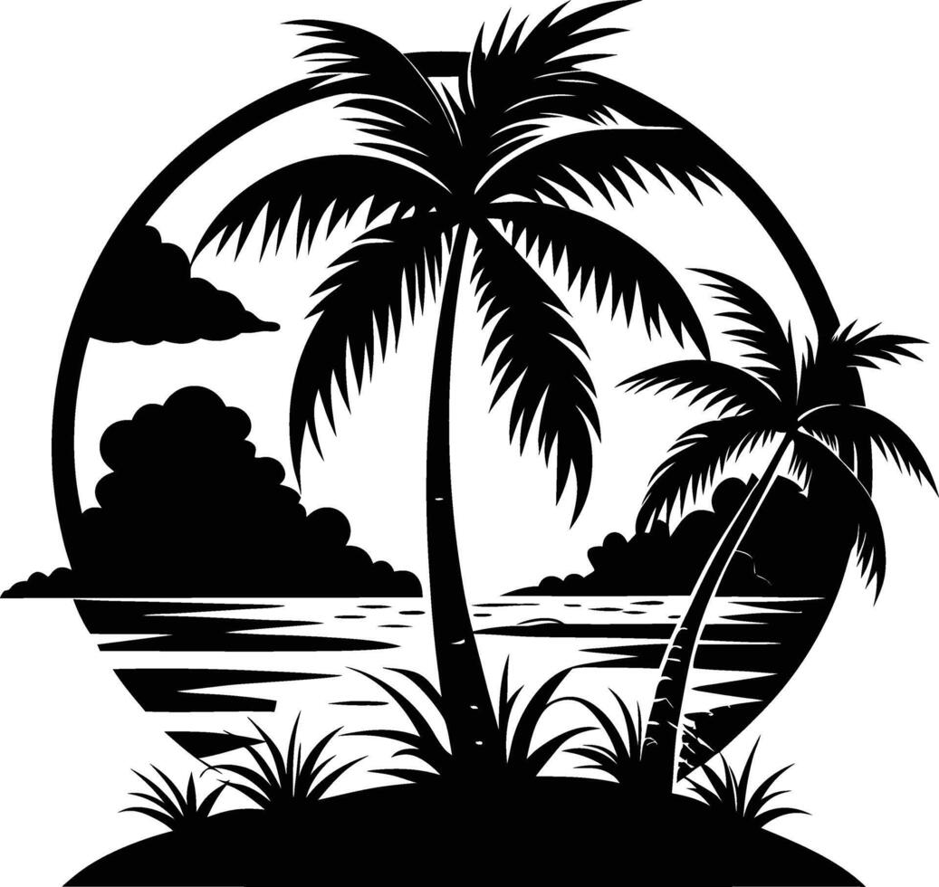 Silhouette depiction of a tropical beach scene featuring palm trees clouds and water vector