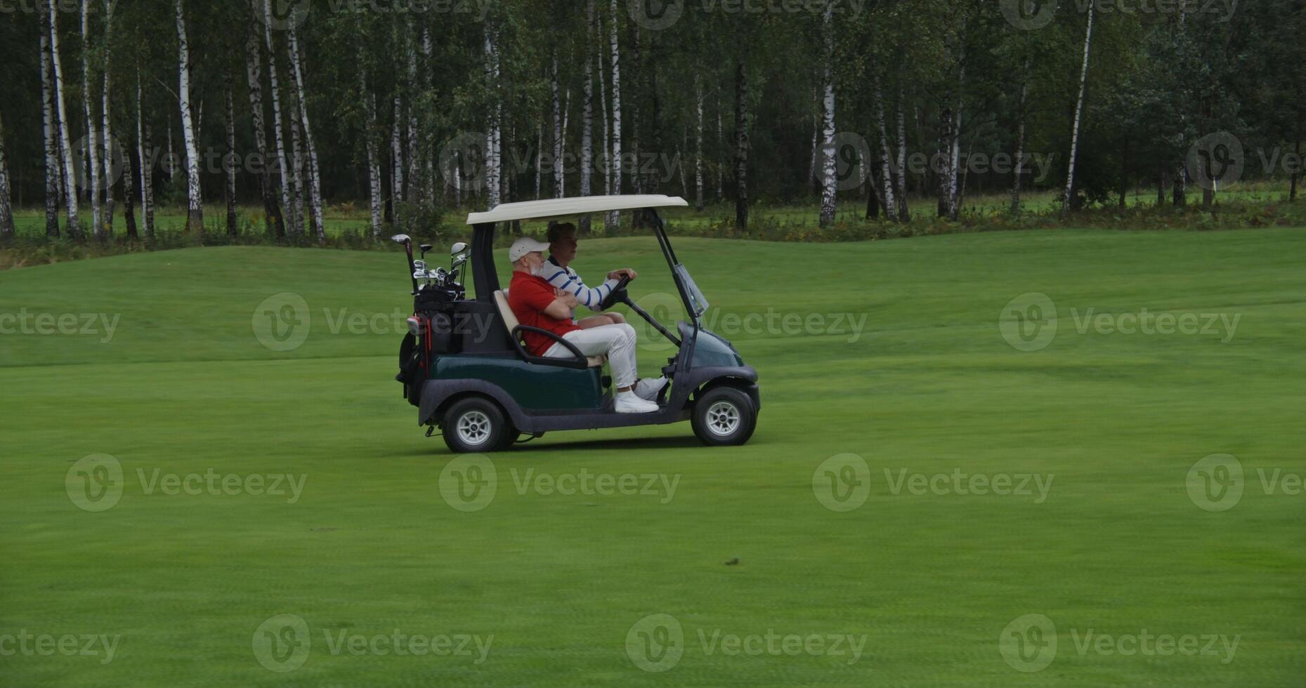Side view of golf car driving through a golf course. Two men of European appearance are riding in an electric car, talking to each other photo