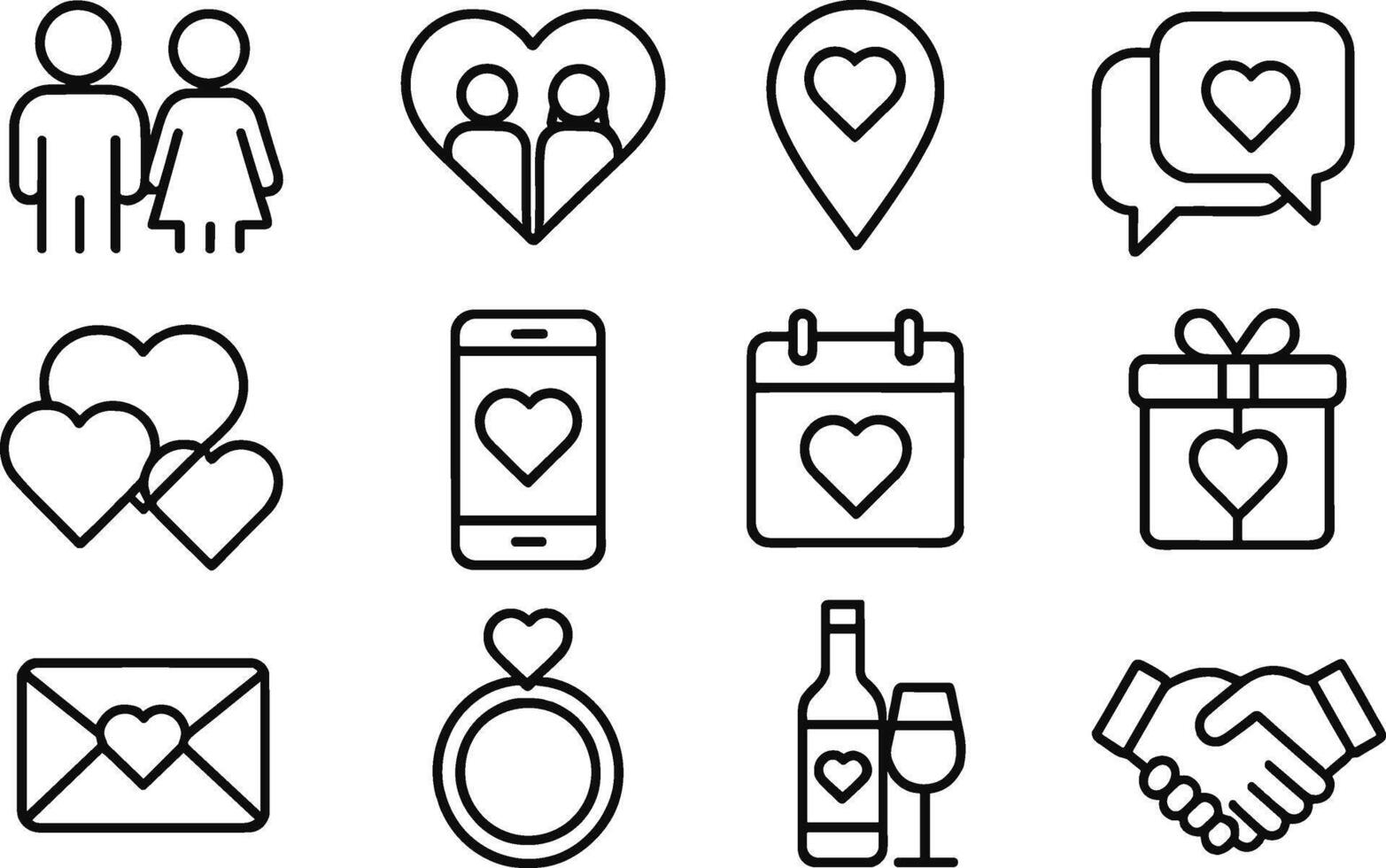 Wedding planning outline icon set featuring essential elements for organizing a special event vector