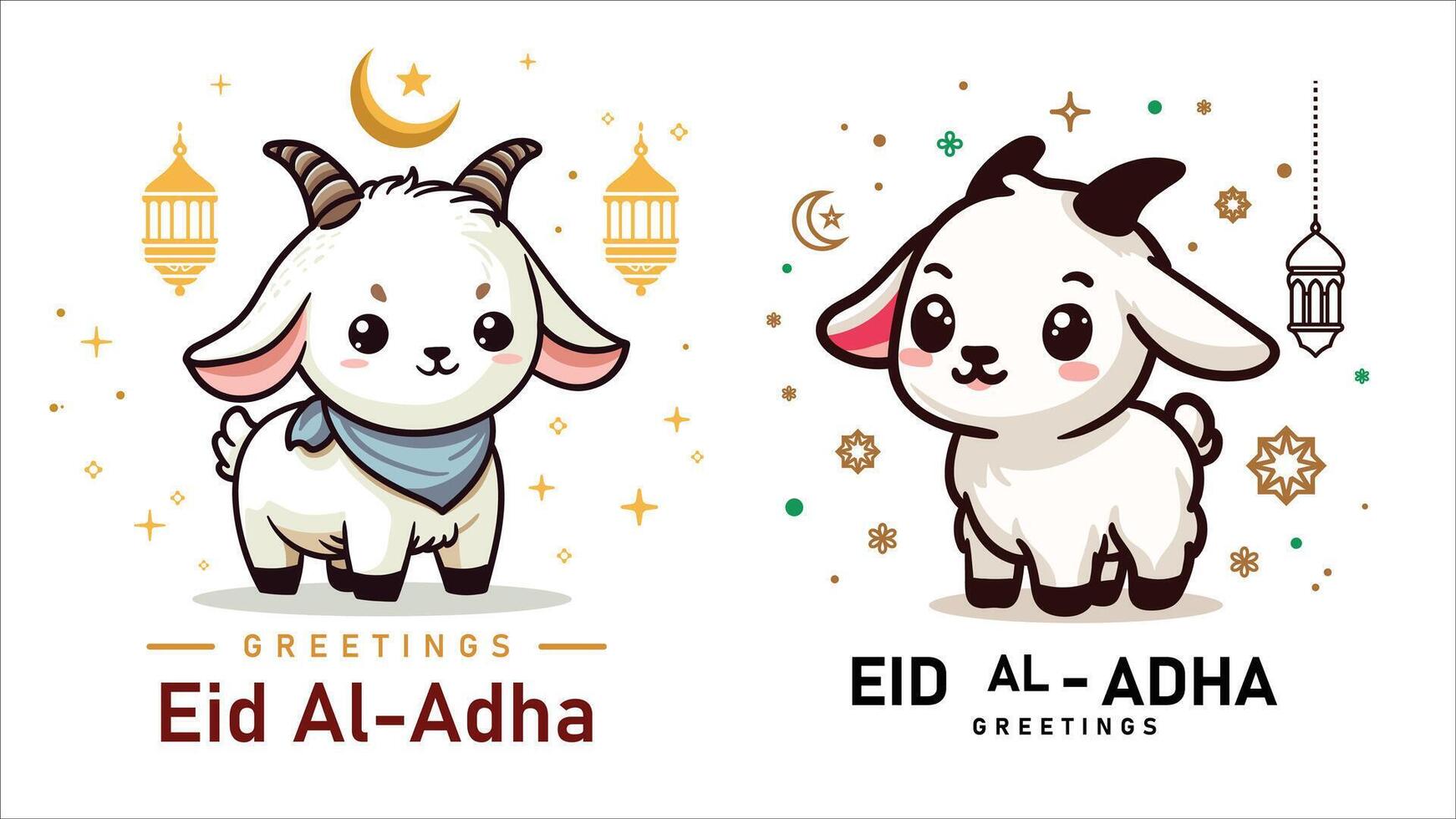 kawaii cute cartoon goat or sheep illustration with Eid Al-Adha Greetings text, poster educational children social media post vector