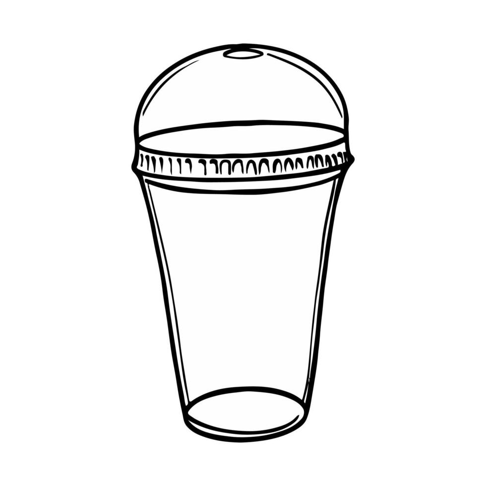 A black and white line drawing of a disposable coffee cup with a lid. Plastic glass for cold lemonade. Cold drink to go outline drawing painted by black inks. Hand drawn illustration outline vector