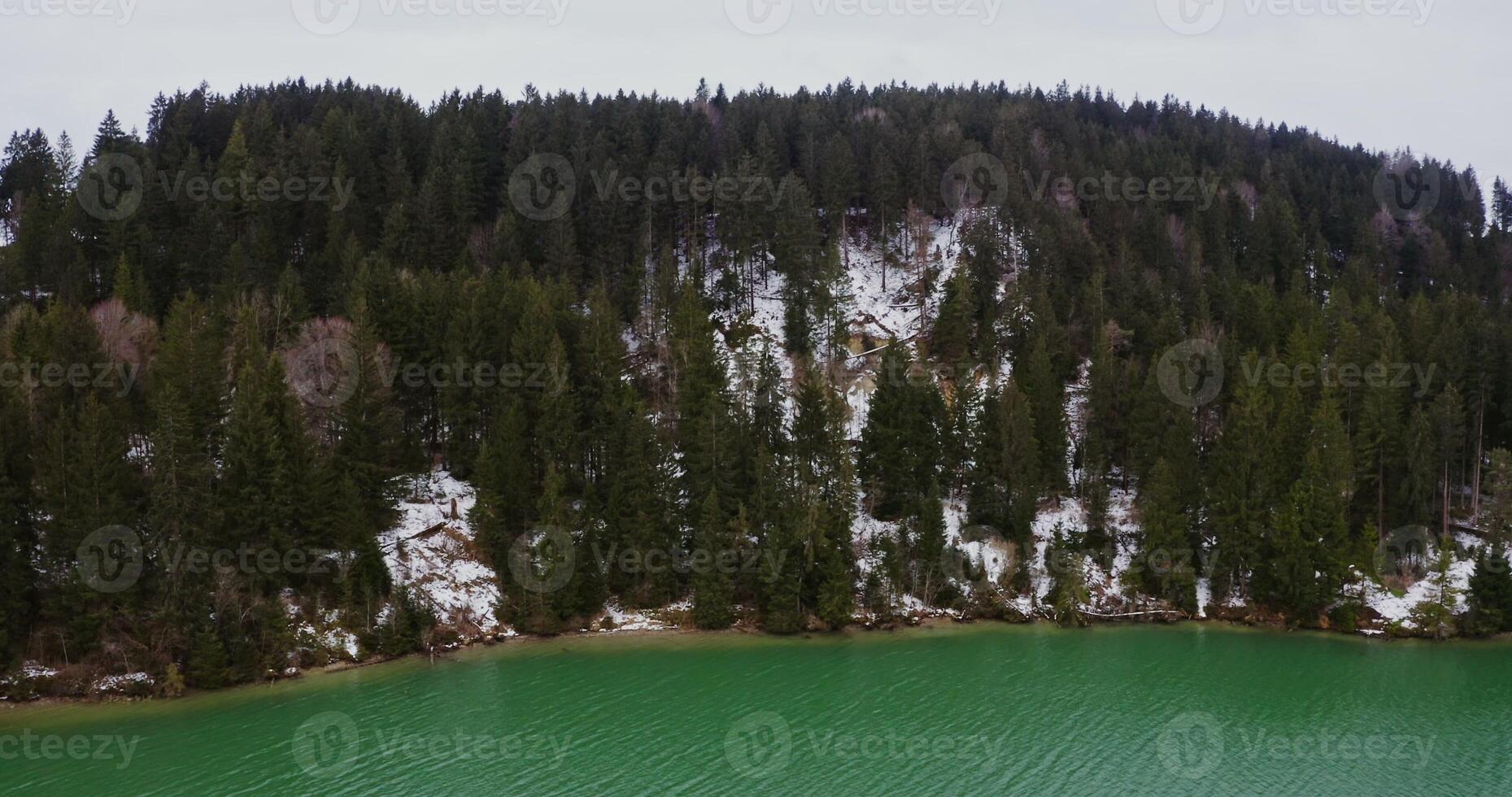 Hill, densely overgrown with fir trees and covered with snow, located on the banks of the river. filming from a bird's eye view, from a drone , from the side of the river. photo
