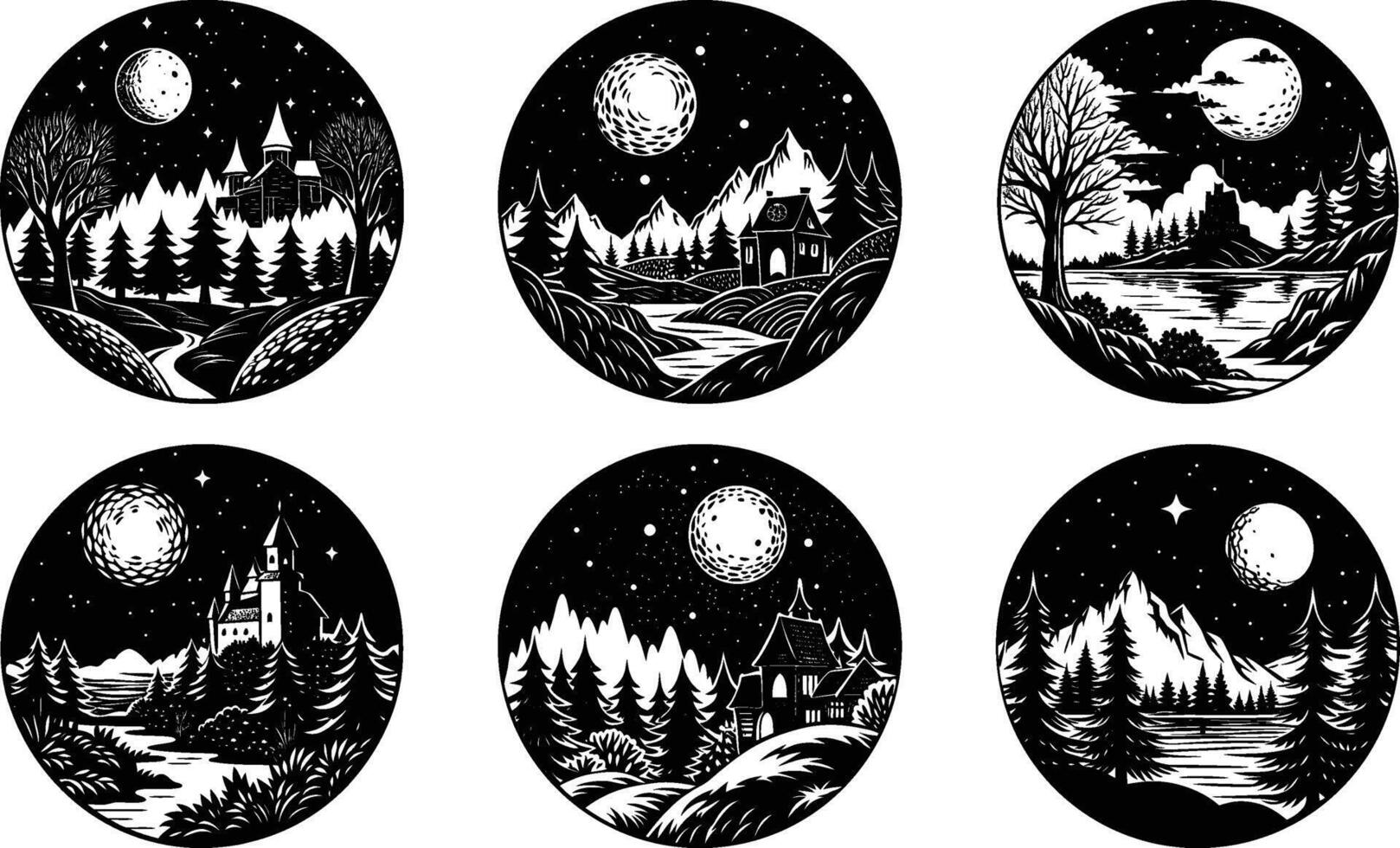 Six enchanting moonlit landscapes featuring castles forests and mountains in black and white for this design vector