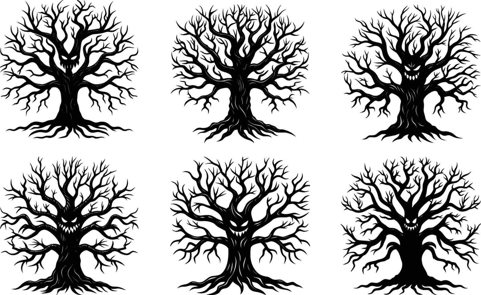 Six spooky bare trees with scary faces Halloween illustration vector