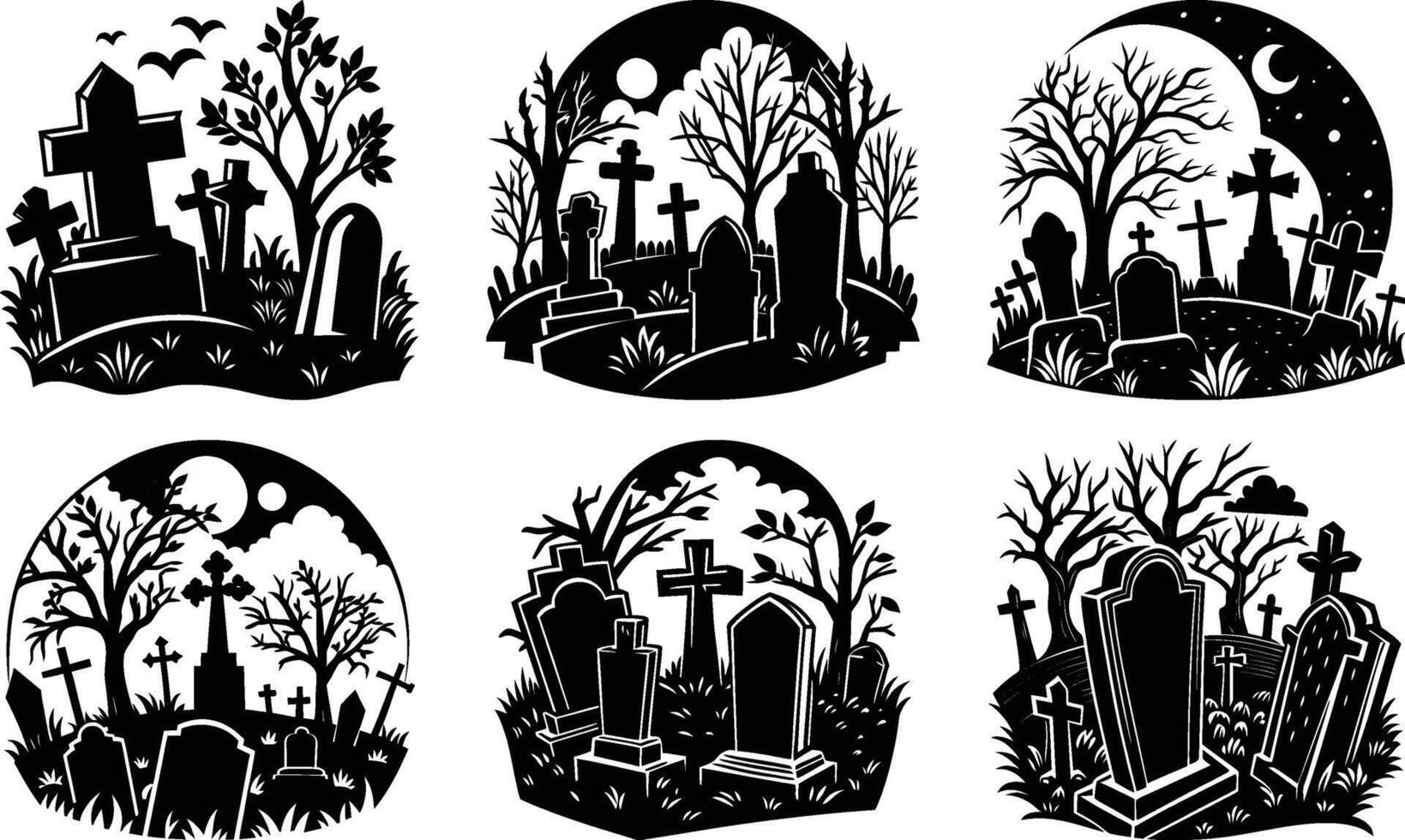 Six spooky graveyard scenes black silhouettes cross headstones trees moon night for this design vector