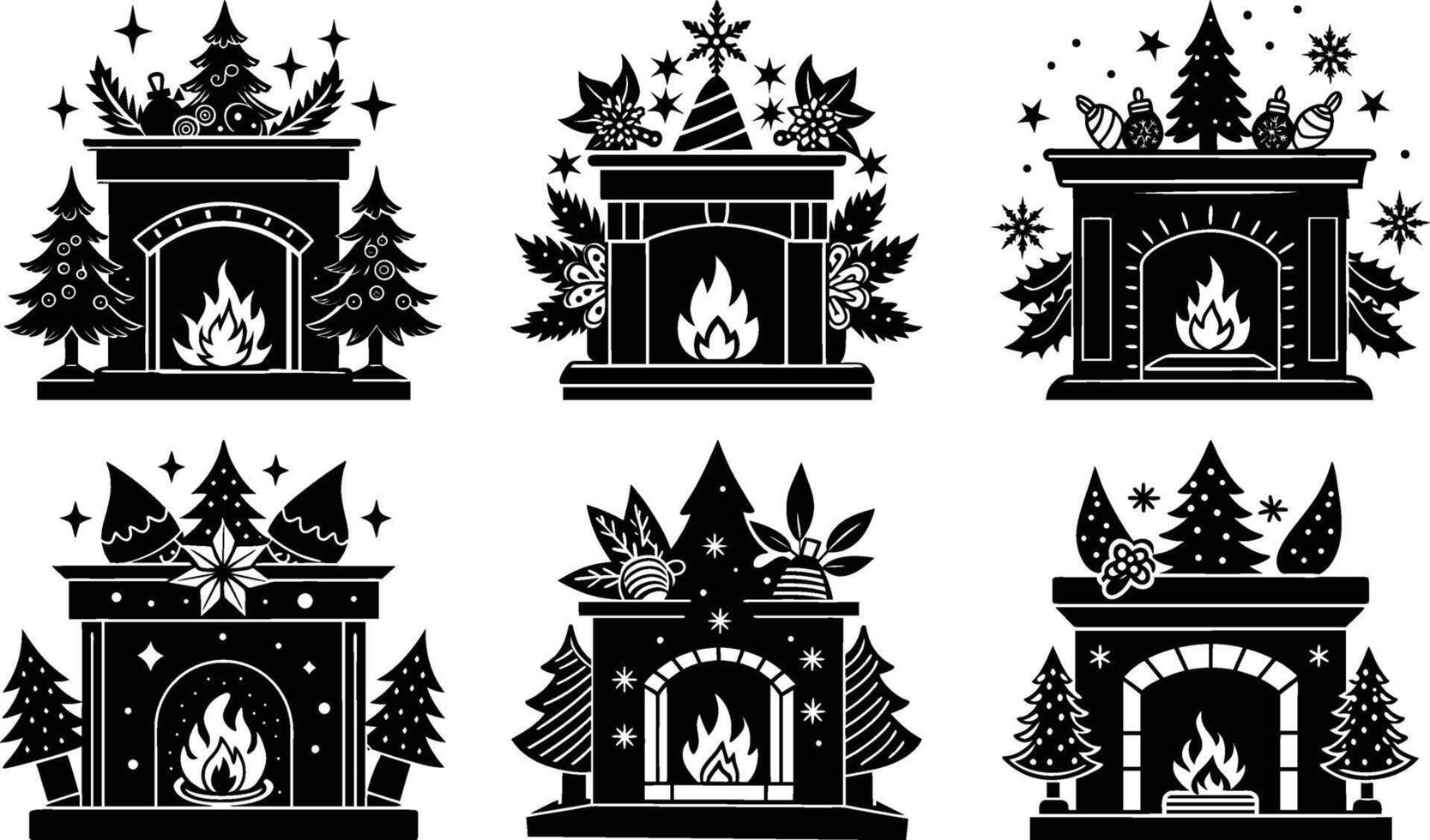 Festive Fireplaces Christmas Decor Black Silhouettes vector