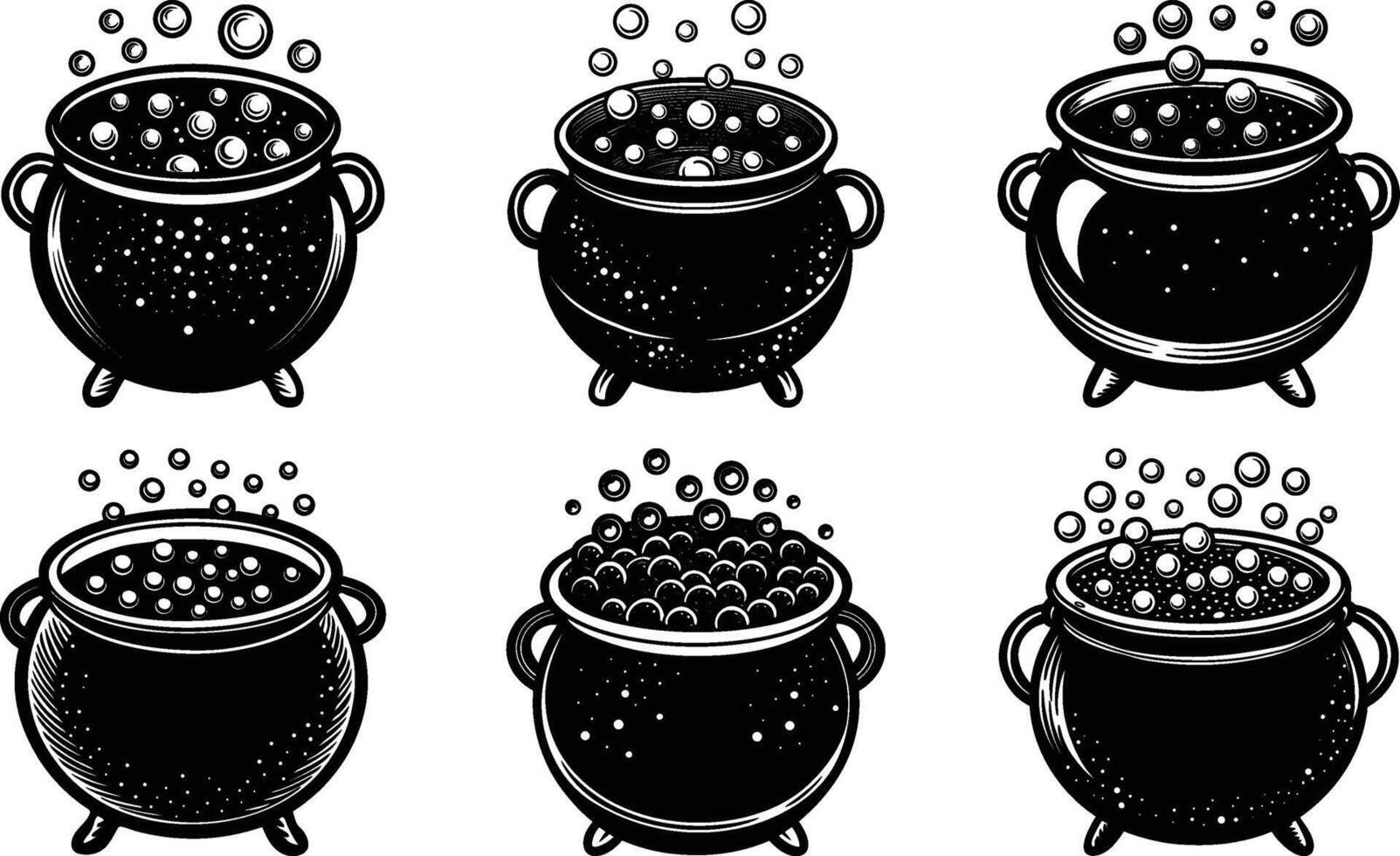 Six Black Cauldron Illustrations Bubbles Brewing Potion for your design vector