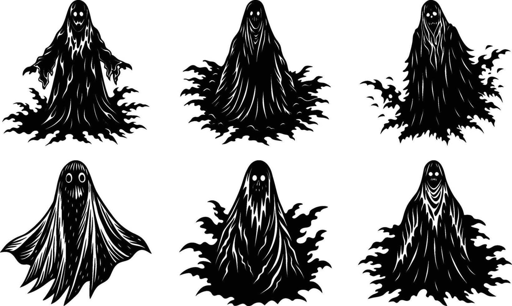 Six Spooky Ghosts Halloween Black Silhouettes for this design vector