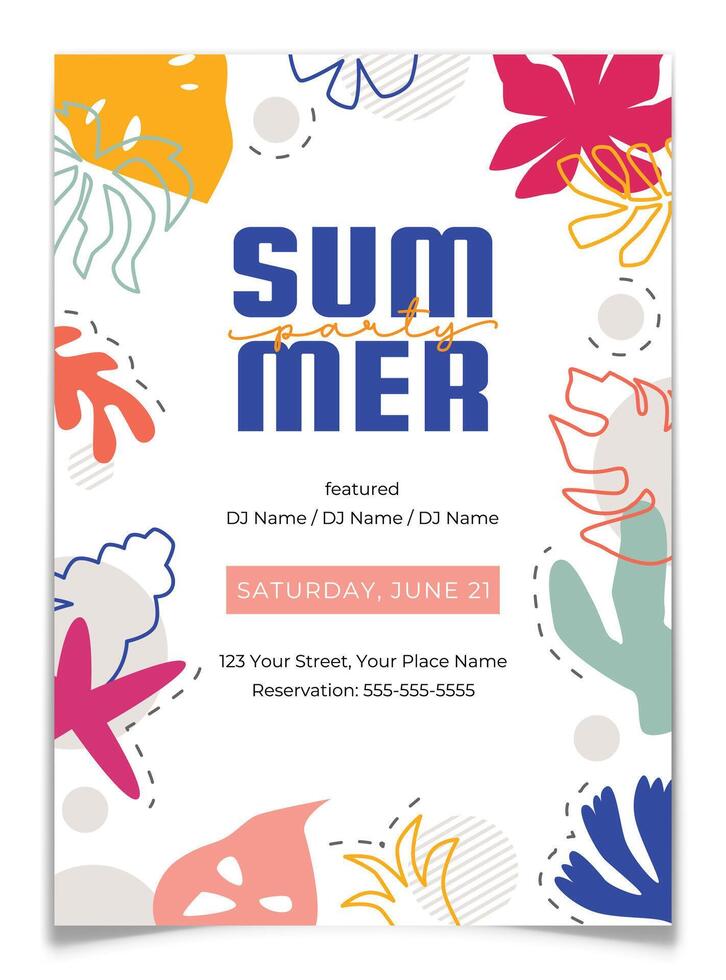 Colorful summer party flyer with abstract tropical leaves and shapes. Club event invitation poster template. Outlines of exotic plants, flowers, cactus, palm, monstera. Flat illustration. vector