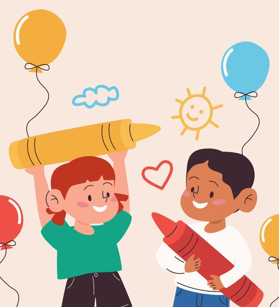 Promo banner for children. Horizontal advertising banner. Boy and girl students draw sun, cloud and heart with giant crayons. Back to school, education concept. illustration vector