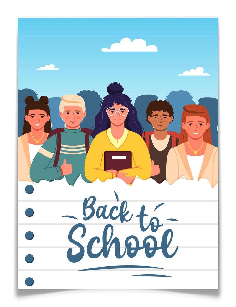Back to School Poster with Young Students Crowd. vector