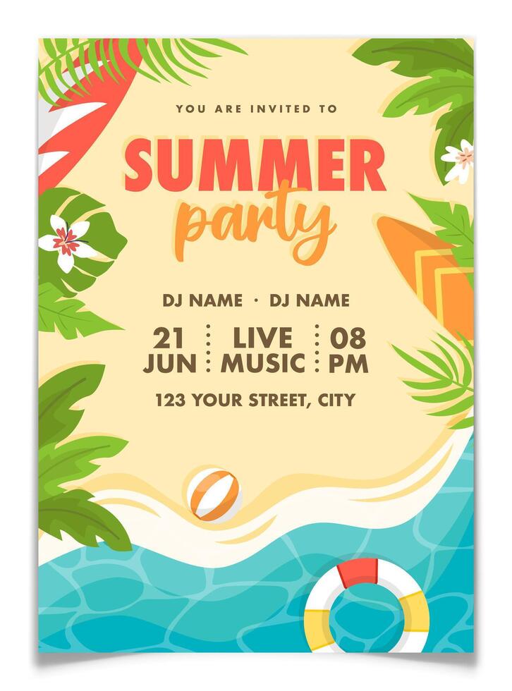 Summer party promo poster. Holiday event invitation flyer design. Top view of sea waves on beach sand. Palm leaves, surfboards, inflatable ring and ball. Tropical vacation concept. illustration vector
