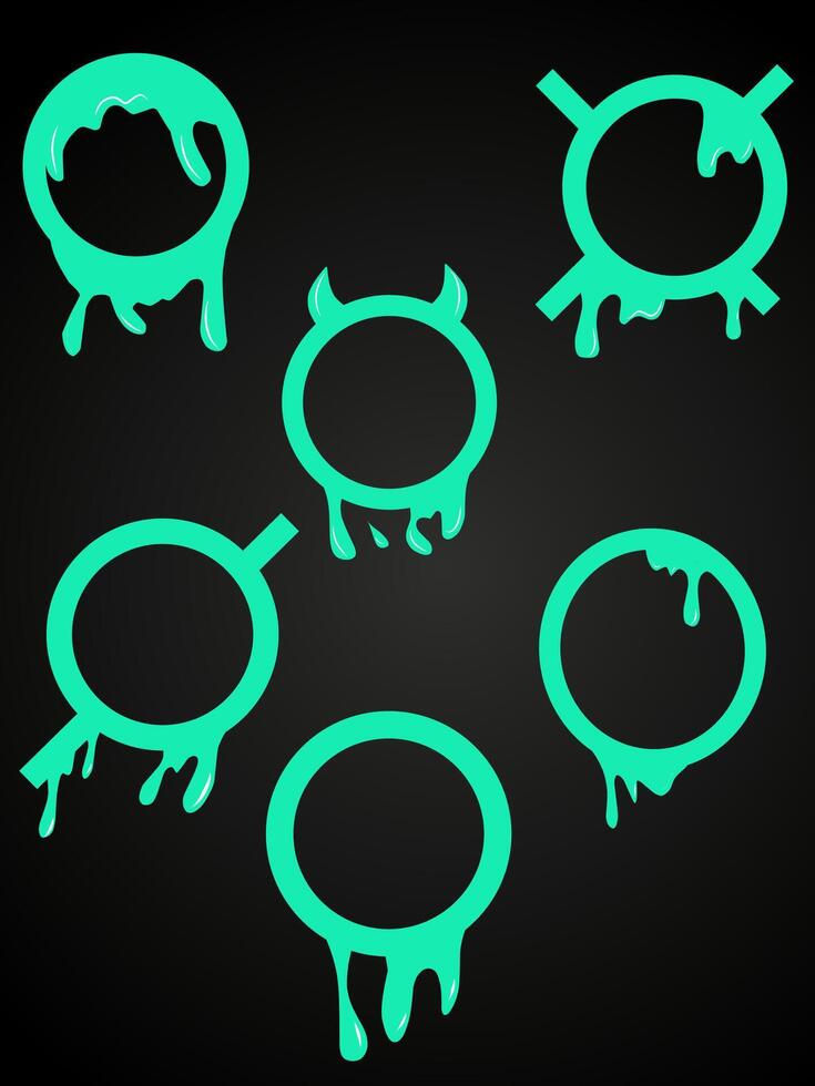 Set of six green circles with dripping paint vector