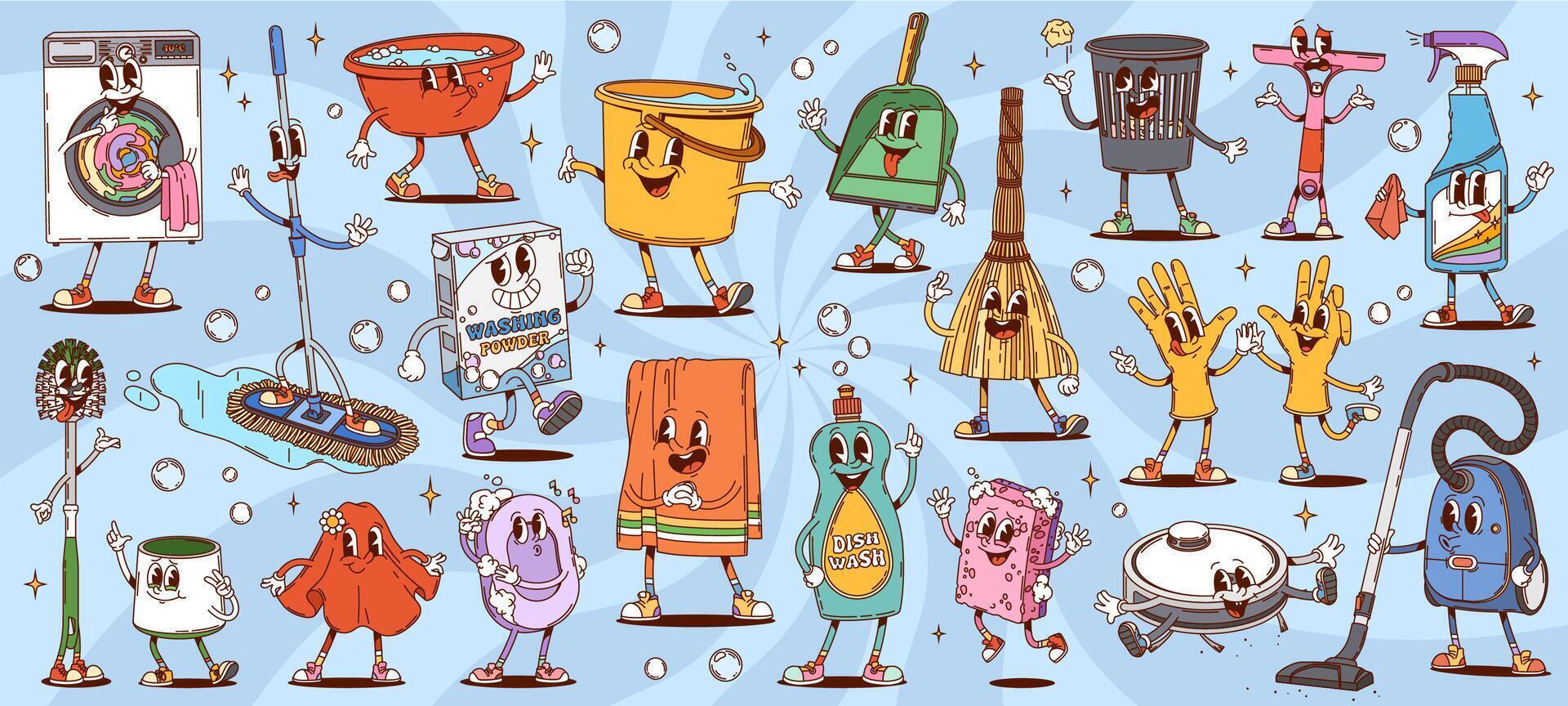 Groovy cleaning, washing and household characters vector