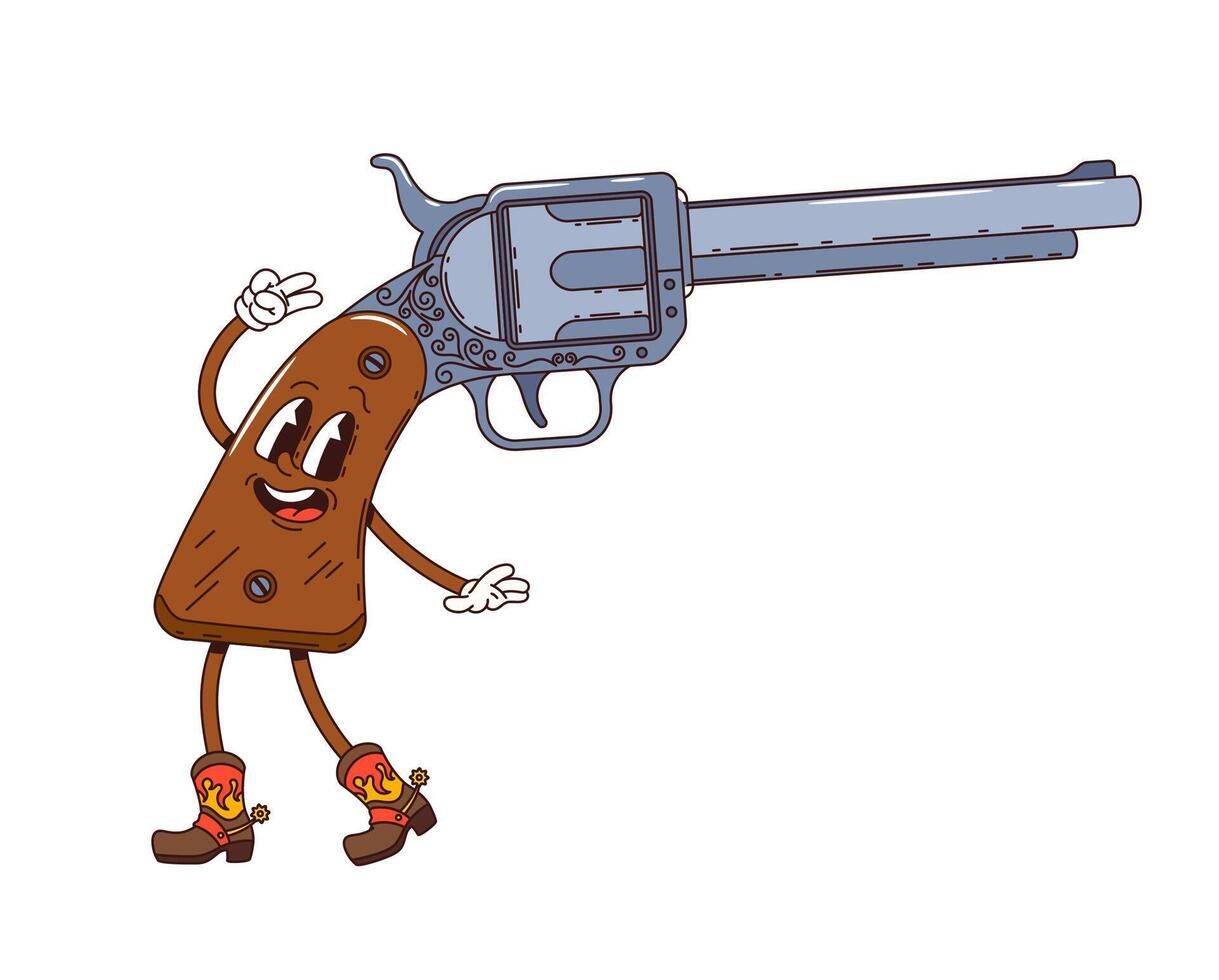 Groovy revolver western character, wild west gun vector