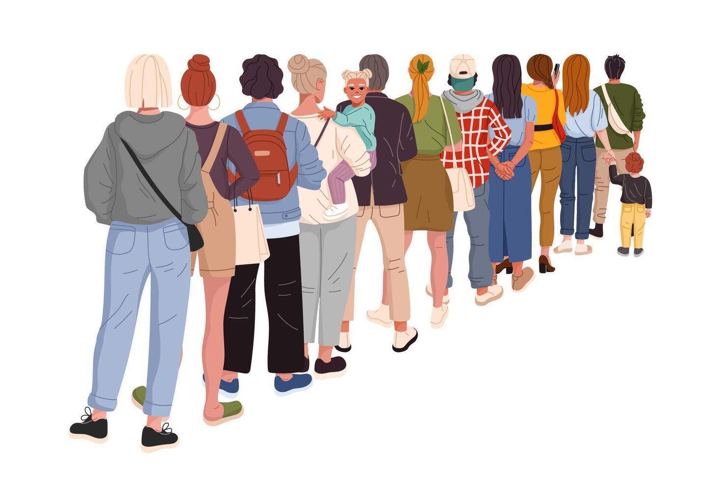 People queue, back view of diverse people in line vector