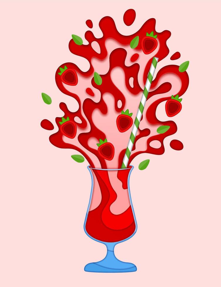 Paper cut juice and strawberry cocktail splash vector