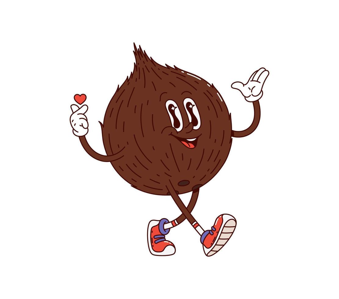 Groovy cartoon coconut nut character with heart vector