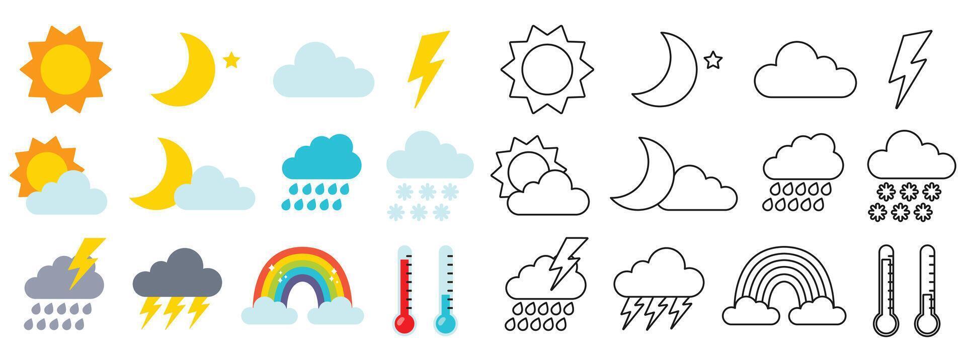Weather icons set. Outline weather elements. Thunderstorm, rain, sunny day, month and stars, winter snow, night, rainbow. illustration vector