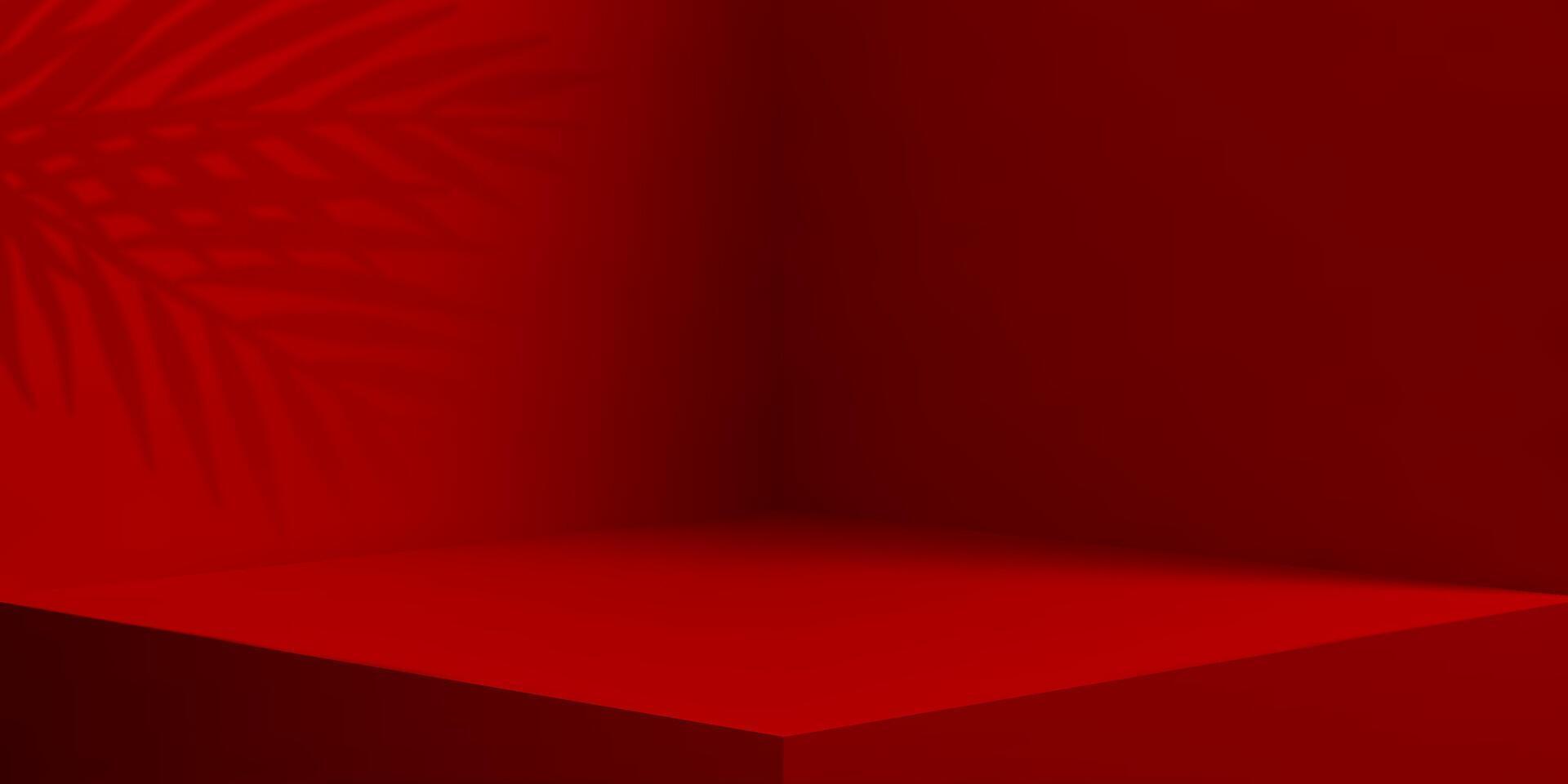 3D red corner wall room with palm shadow, studio vector