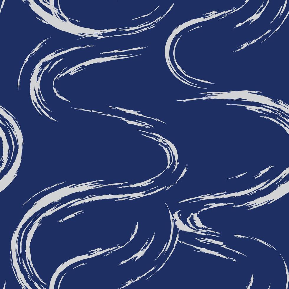 Seamless hand drawn brush lines abstract waves and flowing water in the river pattern in white and blue, Japanese and ethnic wood carving, brushstroke texture background, simple graphic for textile vector