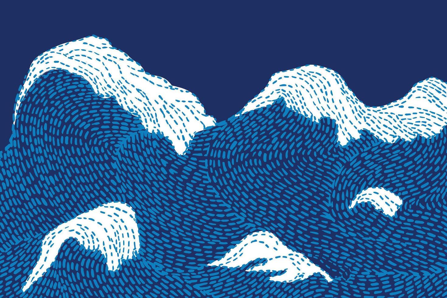 Hand drawn brush lines abstract ethnic waves and water embroidery background in white and blue, Japanese folk wood carving, paint daub texture graphic for carpet, textile, decoration vector
