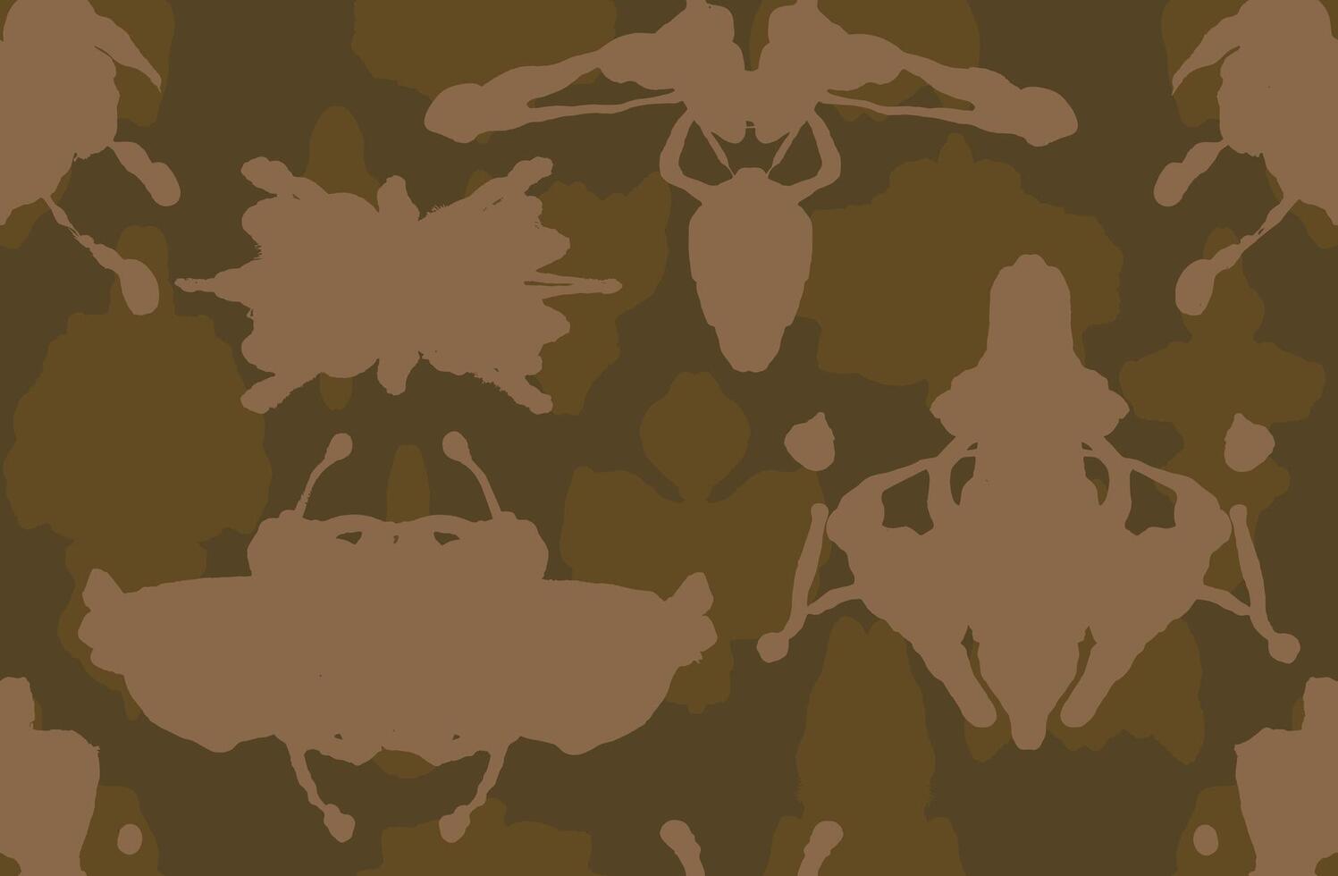Abstract hand drawn brown camouflage imaginary insects and foliages seamless pattern, ethnic and tribal block print background, simple nature graphic for textile, decoration, wrapping paper vector