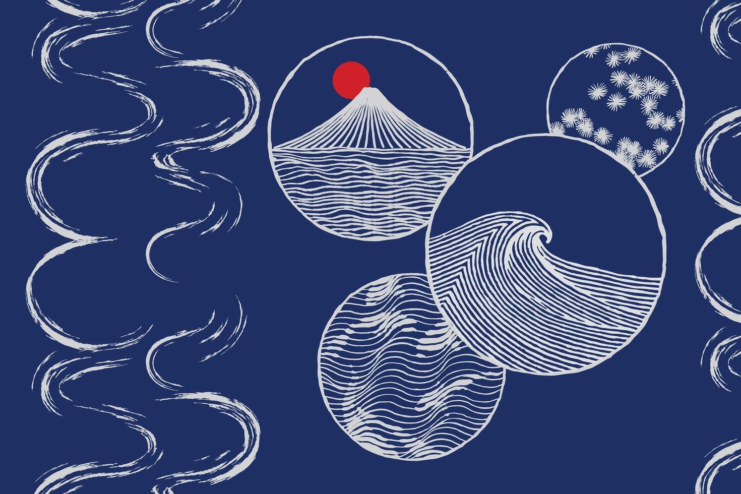 Hand drawn Japanese symbols, Fuji mountain, waves fishes in water and snow, simple travel attractions background for textile, decoration and banner vector