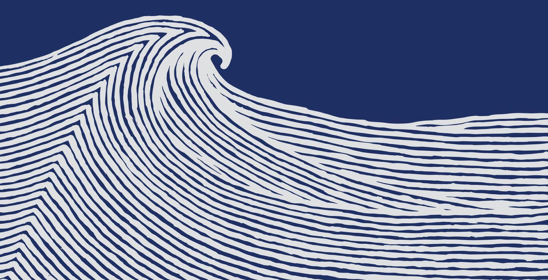 Abstract brush lines simple ocean wave background in white and blue, Japanese and ethnic hand drawn, wood carving texture graphic for textile, decoration, carpet vector