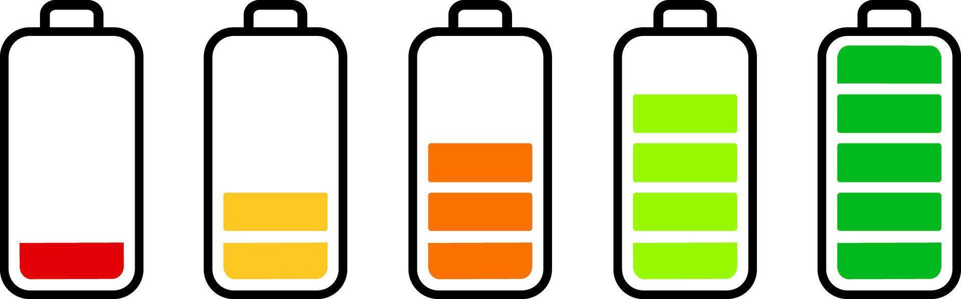 Battery icons set isolated on white symbols. Battery charge level indicator, Discharged and fully charged battery. illustration, vector