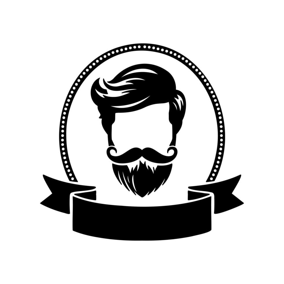 Stylish monochrome logo featuring a bearded man with hair and curly mustache design for grooming or barbershop branding vector