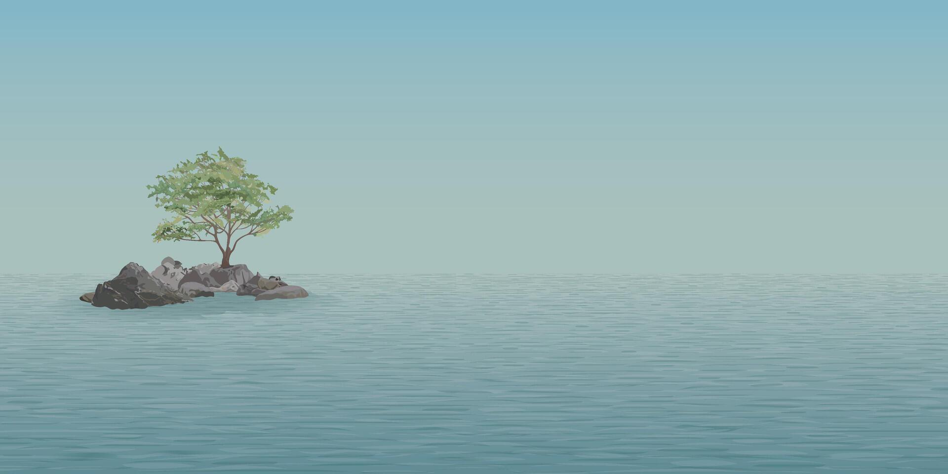 Minimalist seascape with lonely tree grows on the rocks in the middle of the sea have blue sky background graphic illustration. vector