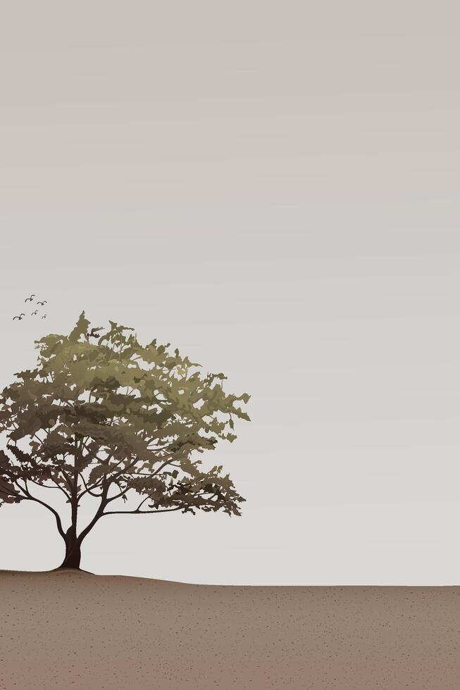 Minimalist landscape with silhouette lonely tree in autumn have dusk sky vertical background graphic illustration. vector