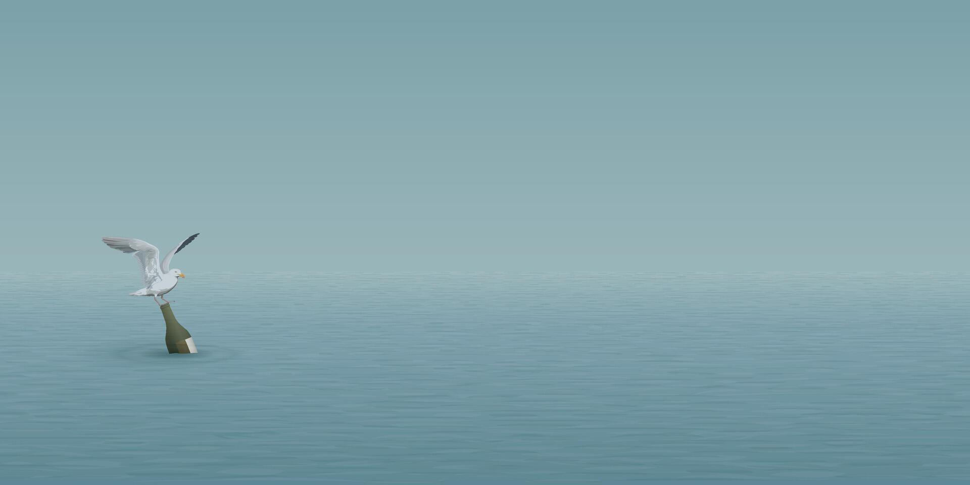 Minimalist seascape have a seagull on a bottle of liquor floating in the middle of the sea graphic illustration. vector