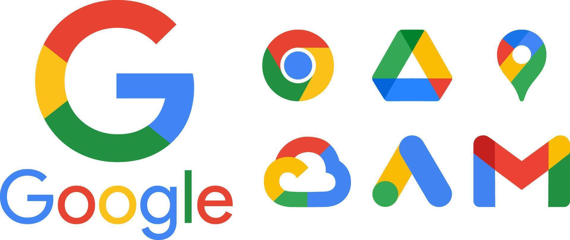 Distinctive Google Logo Variations and Associated Application Icons, Showcasing Modern Branding and Digital Services, Representing Innovation and Connectivity. vector