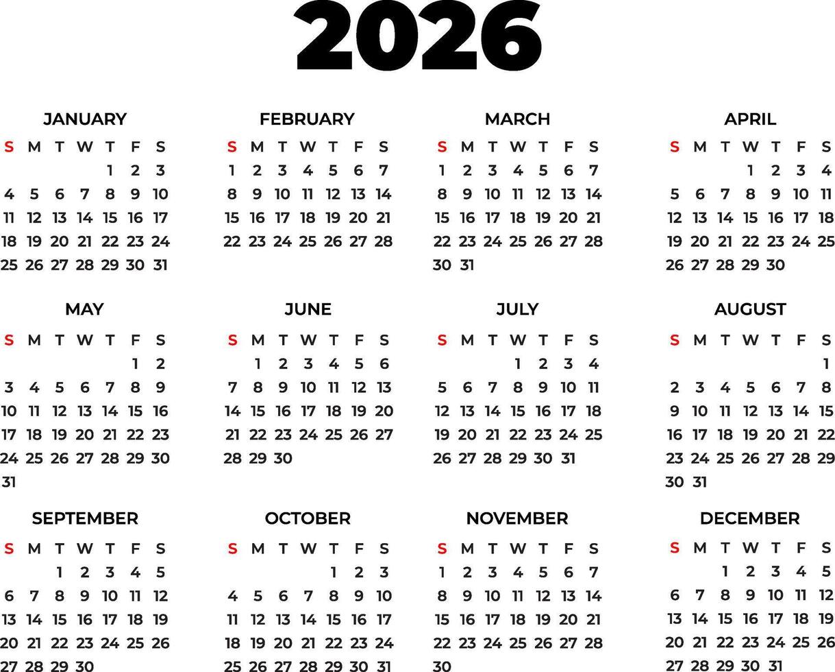 A clean and functional 2026 calendar design in English, showing all months with a clear day and date layout, ideal for planning, scheduling vector