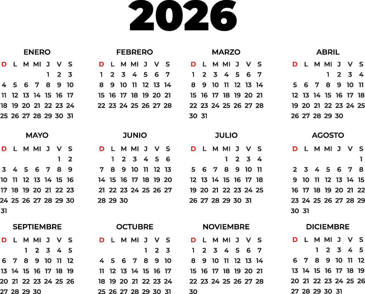A clean and functional 2026 calendar design in Spanish vector