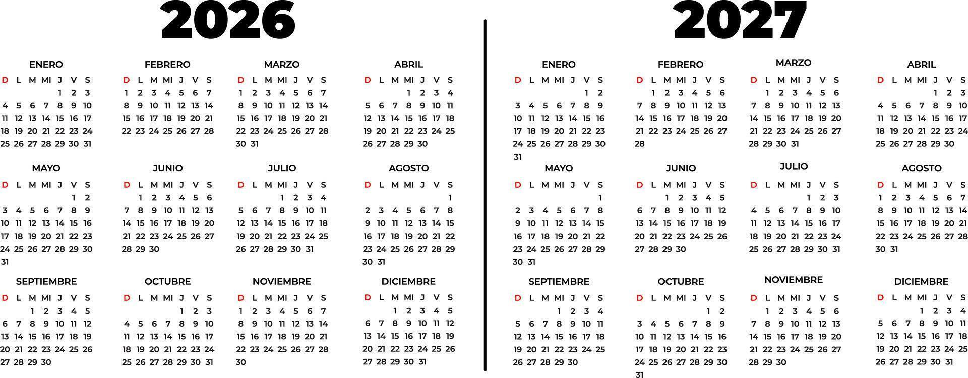 Minimalist and modern calendar for the years 2026 and 2027 in Spanish vector