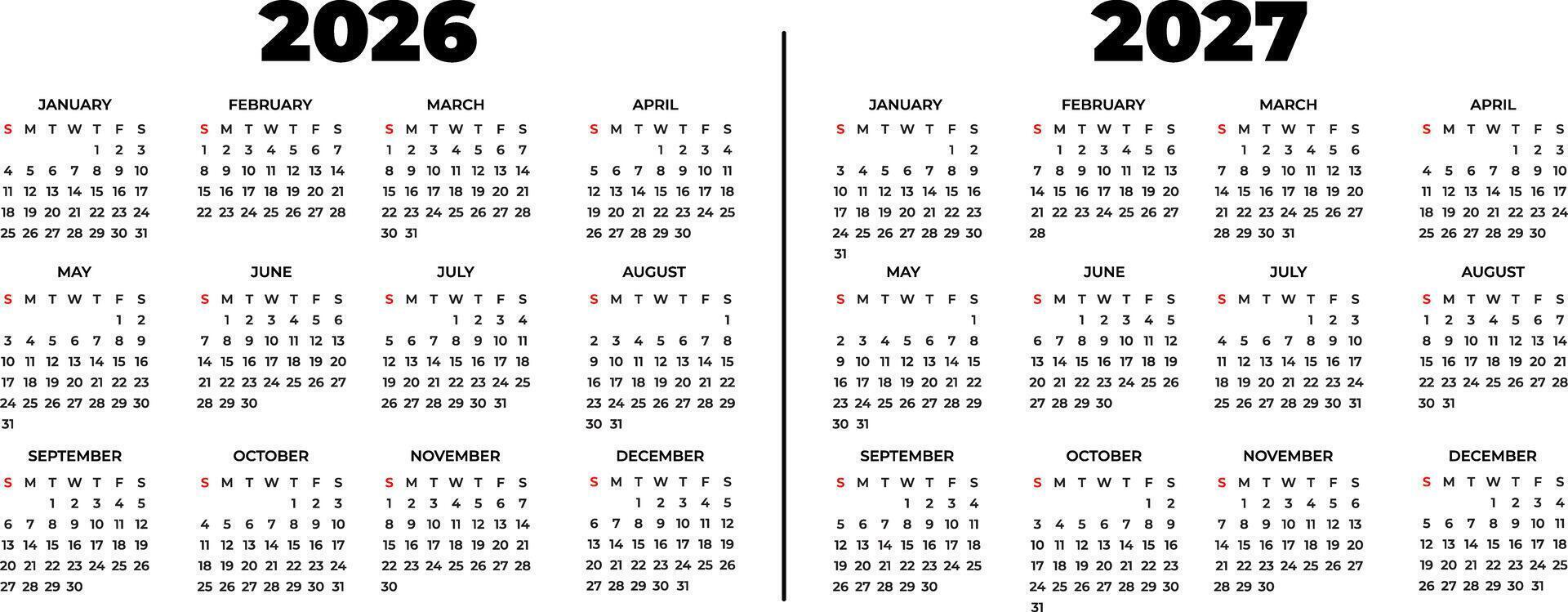 Minimalist and modern calendar for the years 2026 and 2027 in English vector