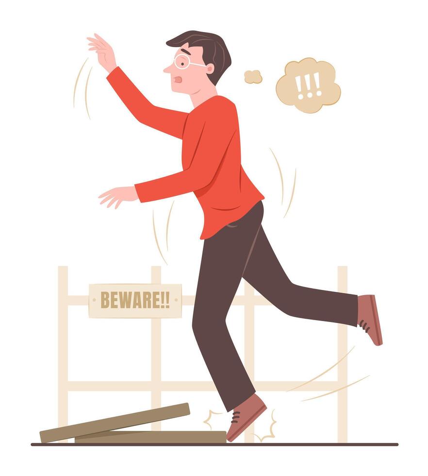 Young Man Stumbles Over Drain Cover on Pavement for Accident Concept Illustration vector