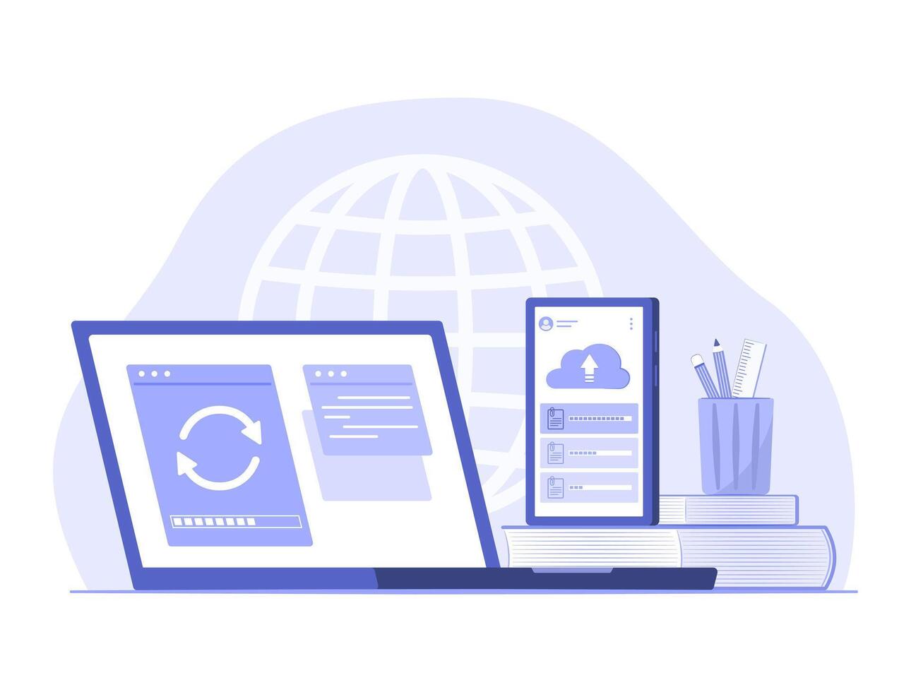 Laptop Computer Syncing Data Files with Smartphone for Wireless Connection Technology Concept Illustration vector