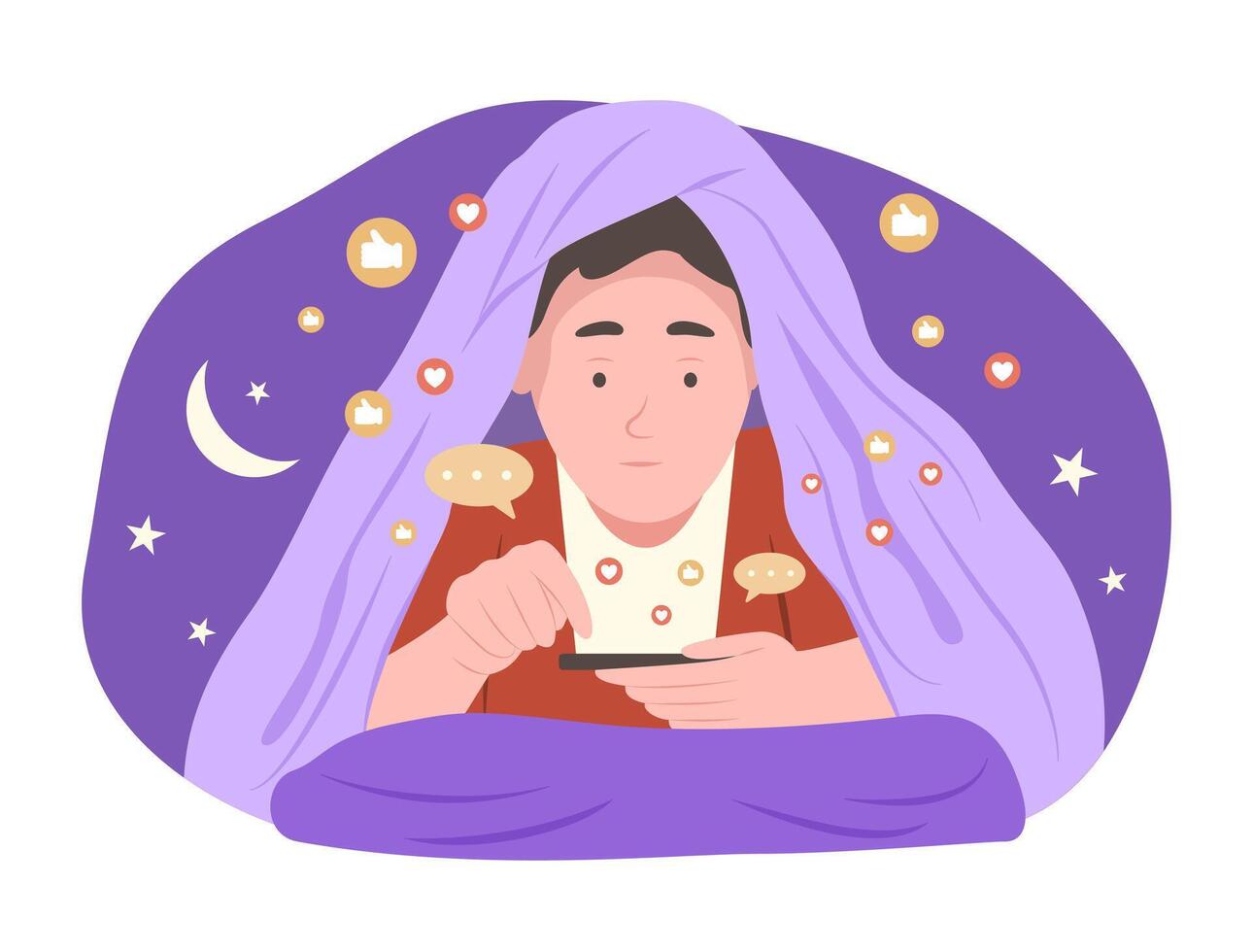 Young Man Watching Social Media Content and Chatting on Smartphone Before Sleep at Night for Social Media Addiction and FOMO Concept Illustration vector