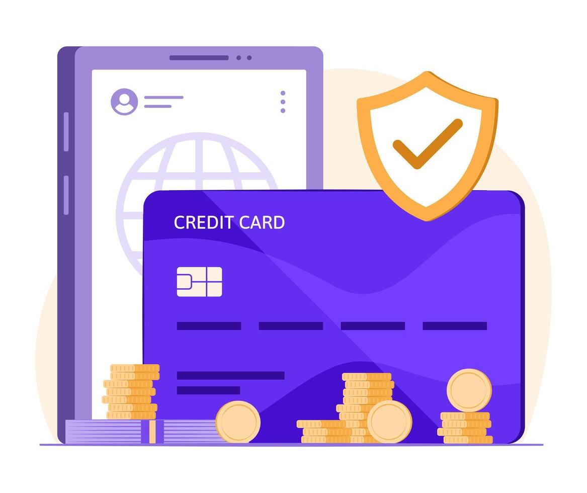 Credit Card, Stack of Coin Money and Smartphone with Online Safety Shield Symbol for Fintech Protection, Online Card Payment Concept Illustration vector