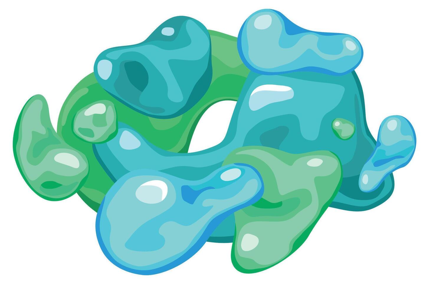 Amorphous shape floating in space. Bubbles of green and blue slime. Banner design, abstract liquid form background. 3d icon. Isolated on a white background vector
