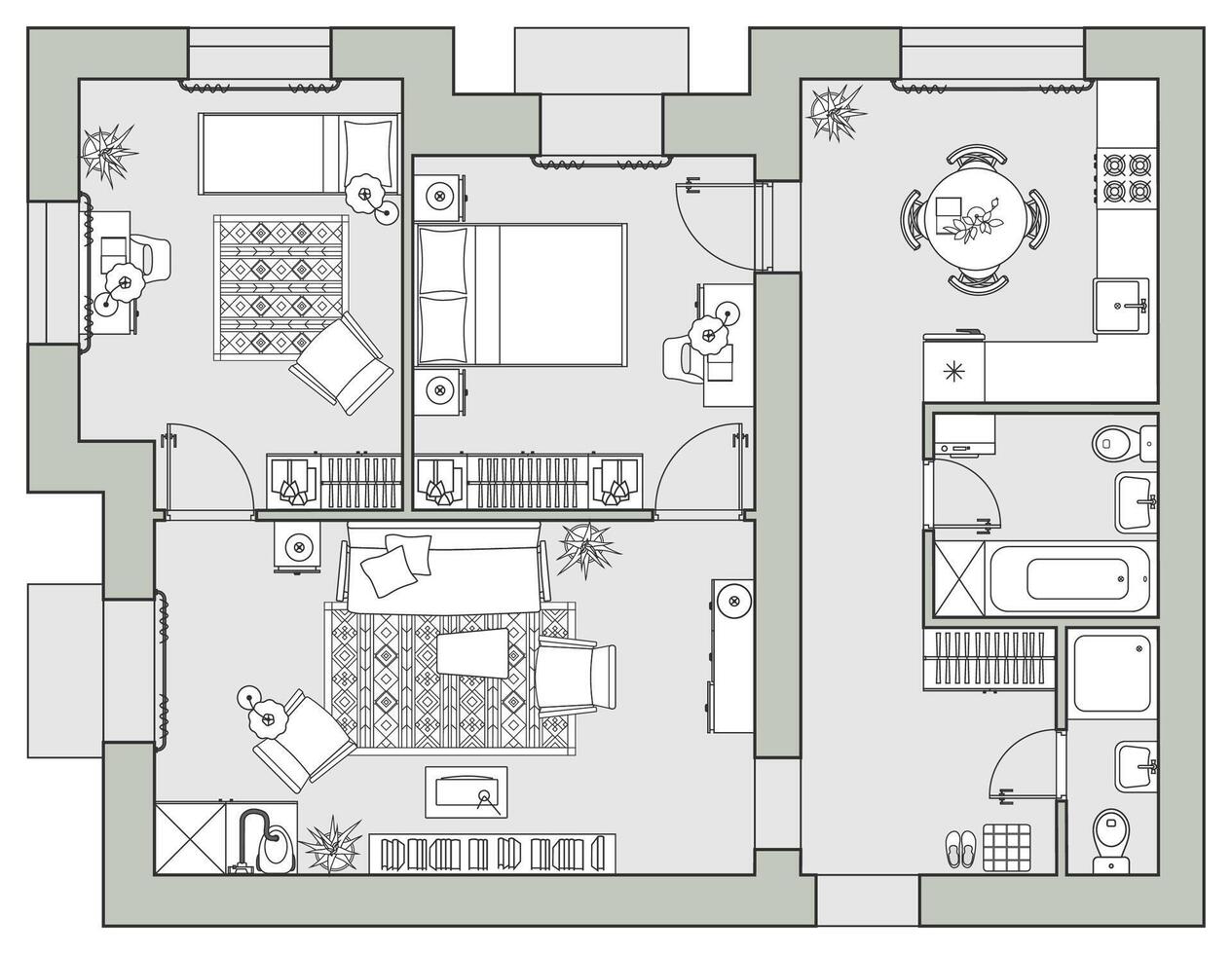 Floor plan of apartments in top view. Layout of the cottage. A project with the arrangement of furniture vector